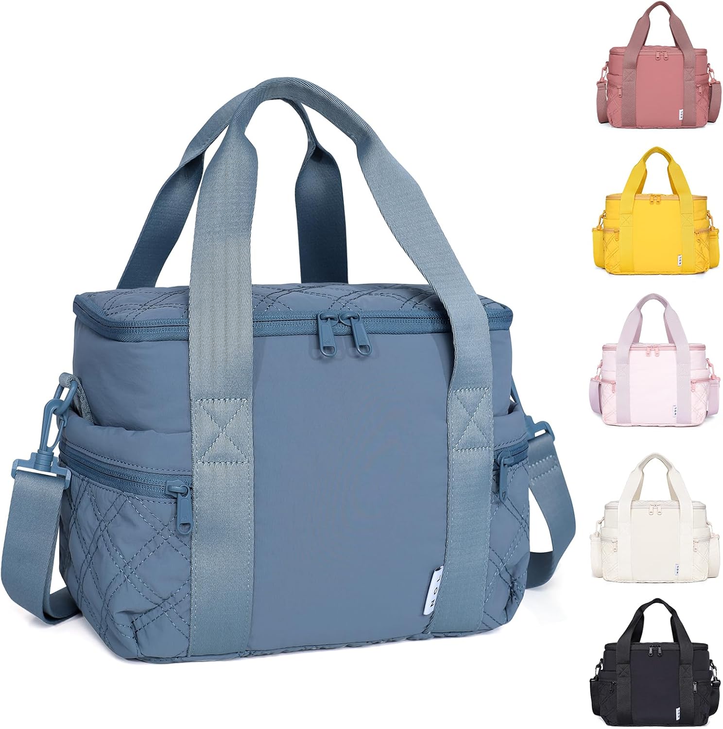 NOL Natural Organic Lifestyle Women's Nylon Lunch Cooler Cute Quilted Lunch Bag Large Leakproof Insulated Lunch Tote Bag for Work Picnic Travel,Dusty blue