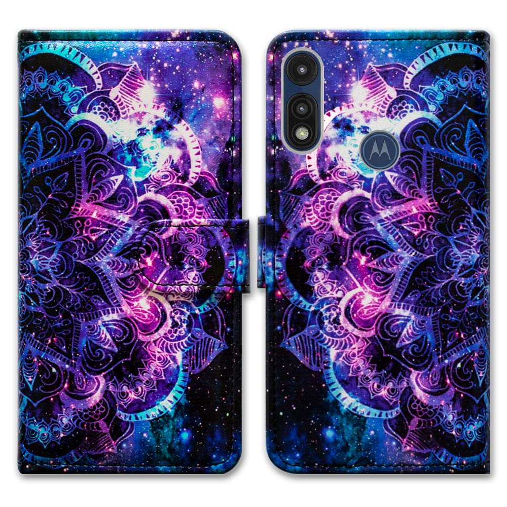 Bcov Moto E 2020 Case,Motorola E Case, Purple Mandala Galaxy Sky Leather Flip Case Wallet Cover with Card Slot Holder Kickstand for Motorola Moto E 2020