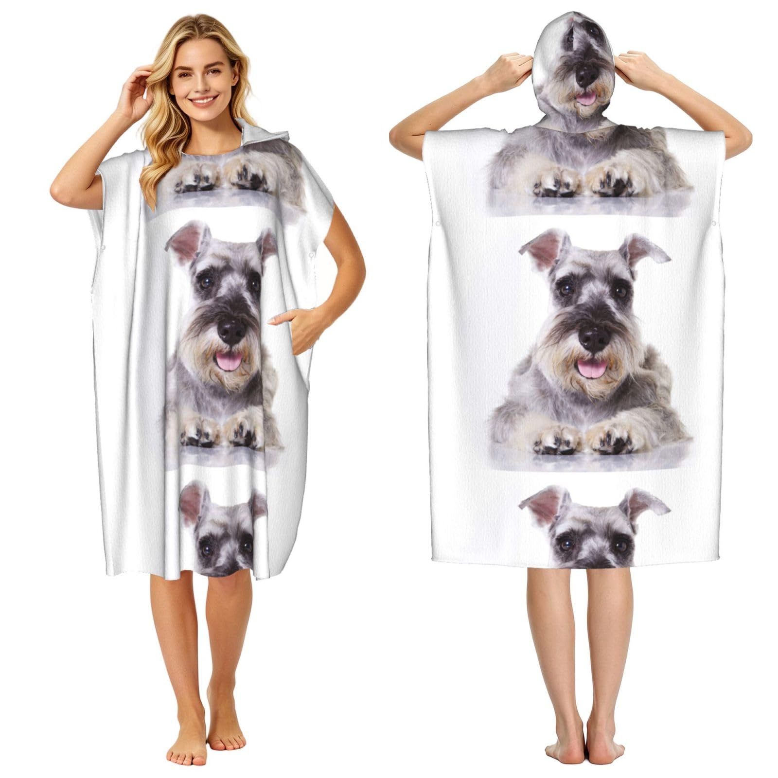 Poadnly Schnauzer Dog Cute, Adult Hooded Beach Towel 90 x 110 cm,Changing Bath Robe, Surf Poncho Towel For Women Men