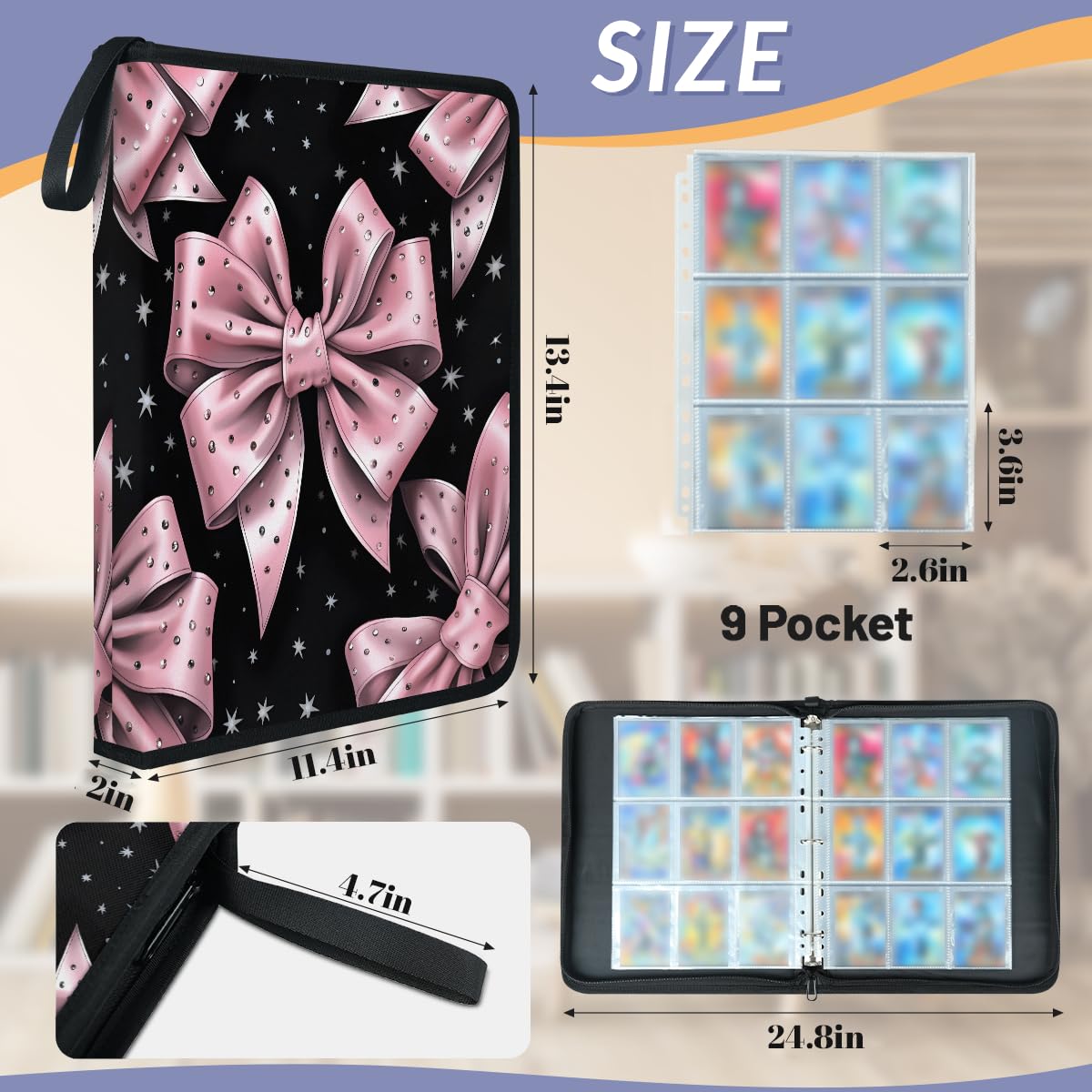 Raccoglitore per carte con 9 tasche, 900 tasche, con chiusura a cerniera (fiocco rosa diamantato)