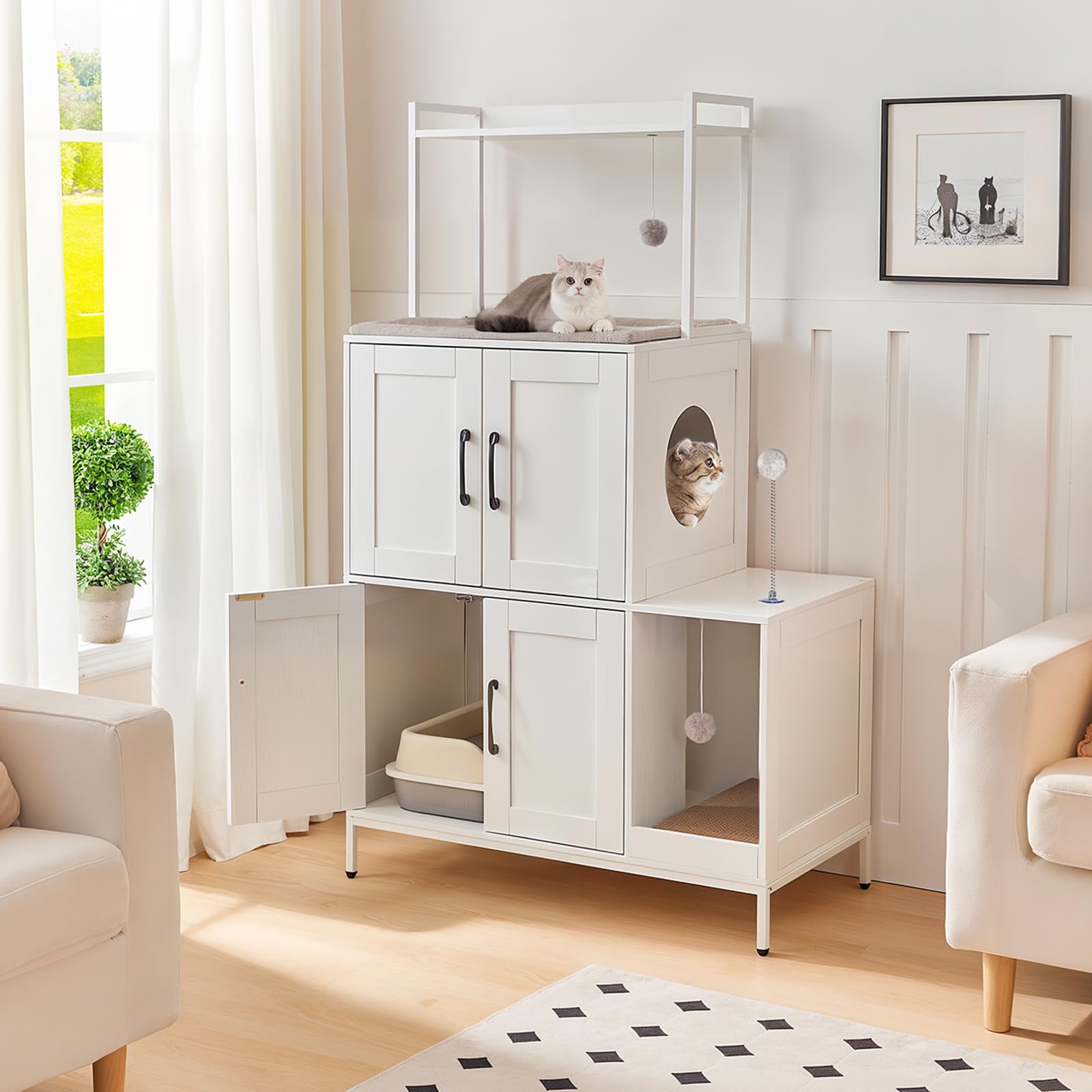 HOOBRO Maison de Toilettes pour Chats, Meuble pour Animaux avec Rangement et Étagère, avec 2 Boules en Peluche Suspendues et 1 Balle de Jeu, Litière pour Chats d'Intérieur, Blanc EWT78MW01