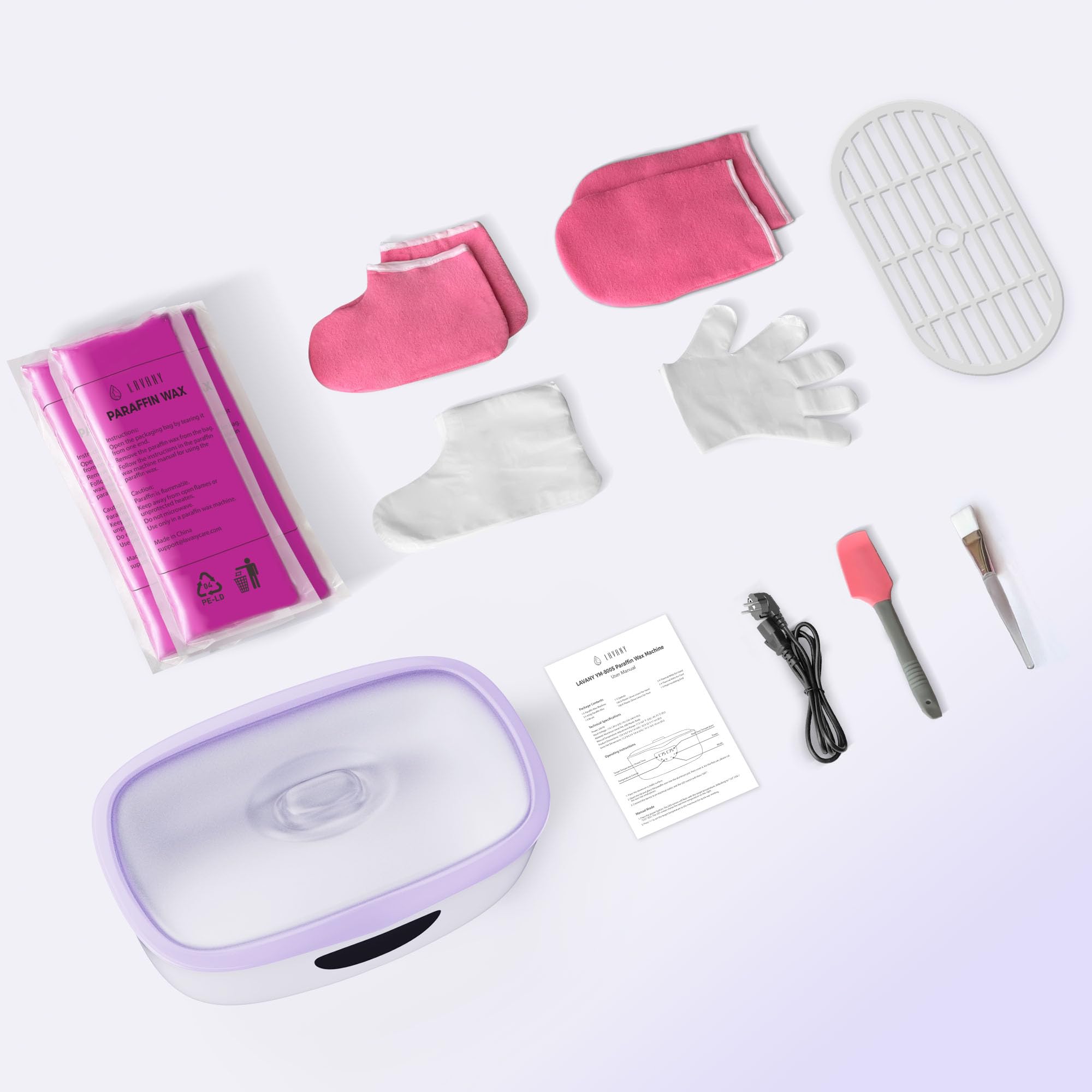 LAVANY Bain de paraffine pour mains et pieds, 4000 ml, appareil à cire de paraffine 230 W avec accessoires, cire de paraffine 1350 g et gants jetables (violet)