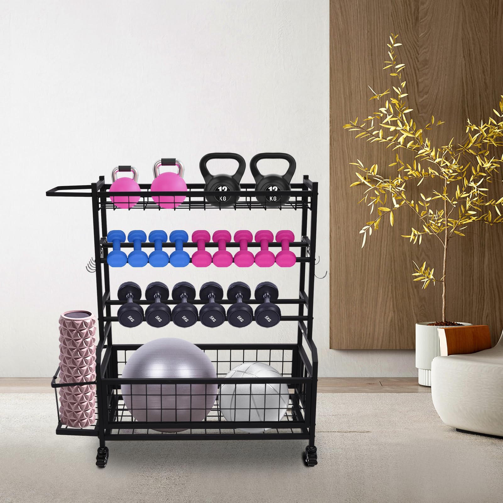 Soporte de pesas para gimnasio en casa, mancuernas, soporte para mancuernas con ruedas, para gimnasios, estudios de yoga, color negro, 102,5 x 40 x 105,6 cm