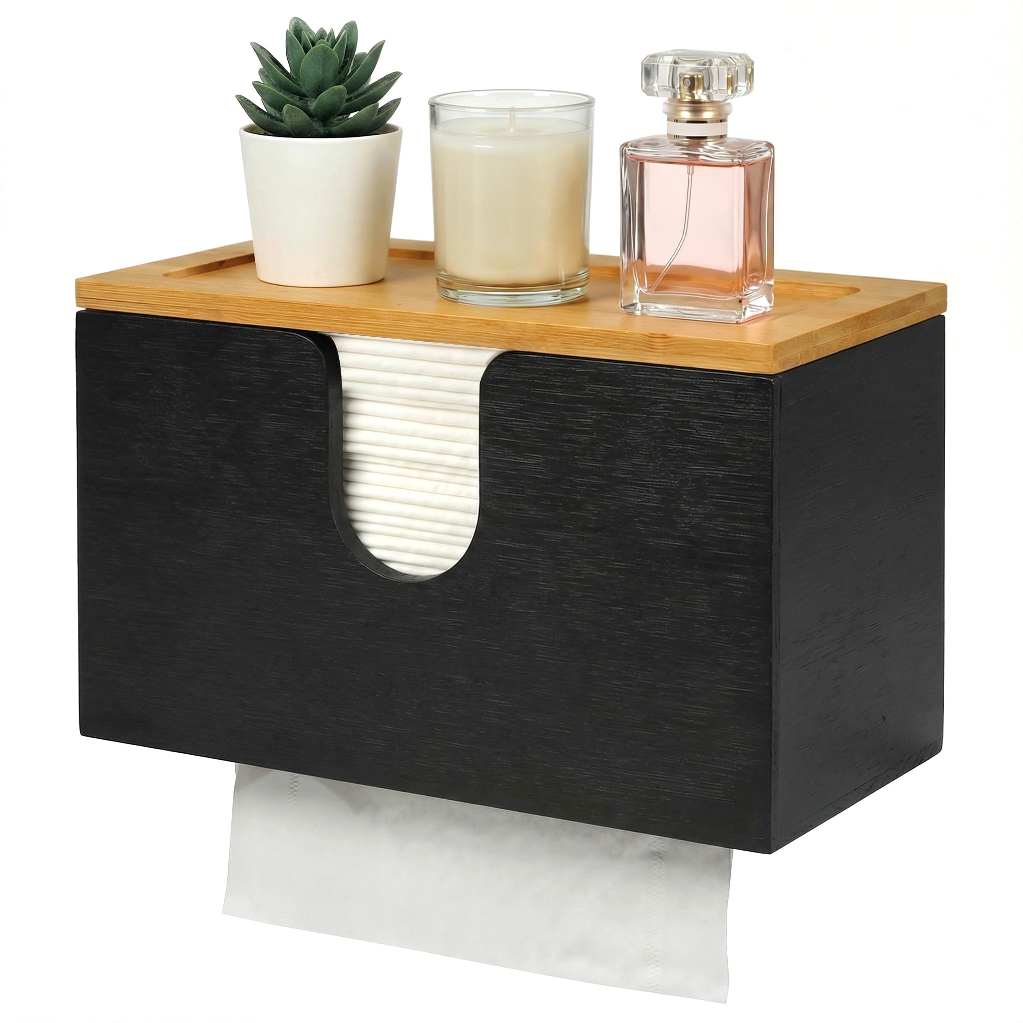 Distributeur de Serviettes en Papier en Bambou - Support Mural ou de Table - 27,5 x 16 x 13 cm avec Couvercle magnétique - pour Pliées en V/C/Z, Cuisine, Salle De Bain, Noir