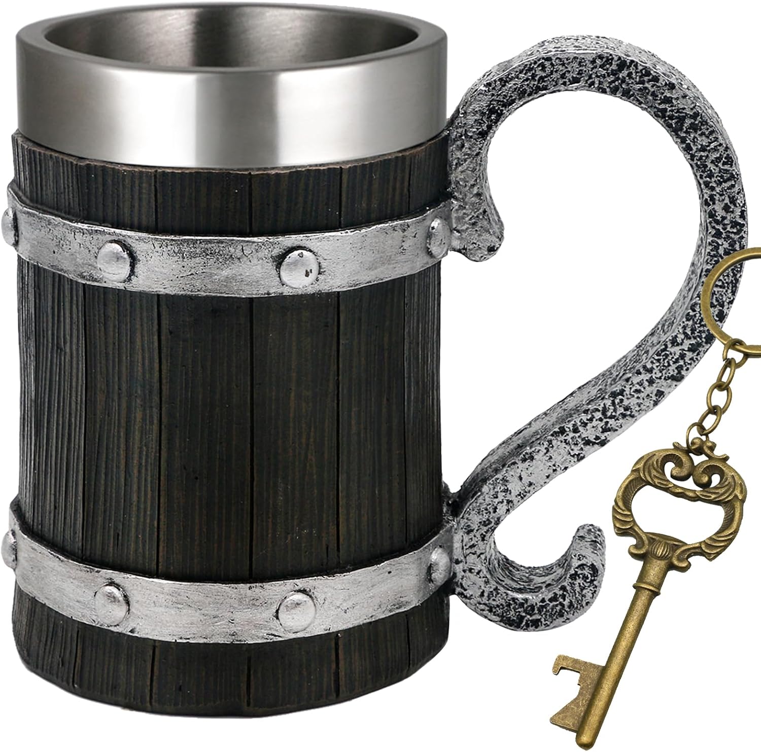 Viking Beer Mug Gifts for Men - 21oz Nordic Wooden Barrel Beer Tankard Cup Viking Norse Decor Stainless Steel Cool Coffee Mug for Men Medieval Beer Cup Stein
