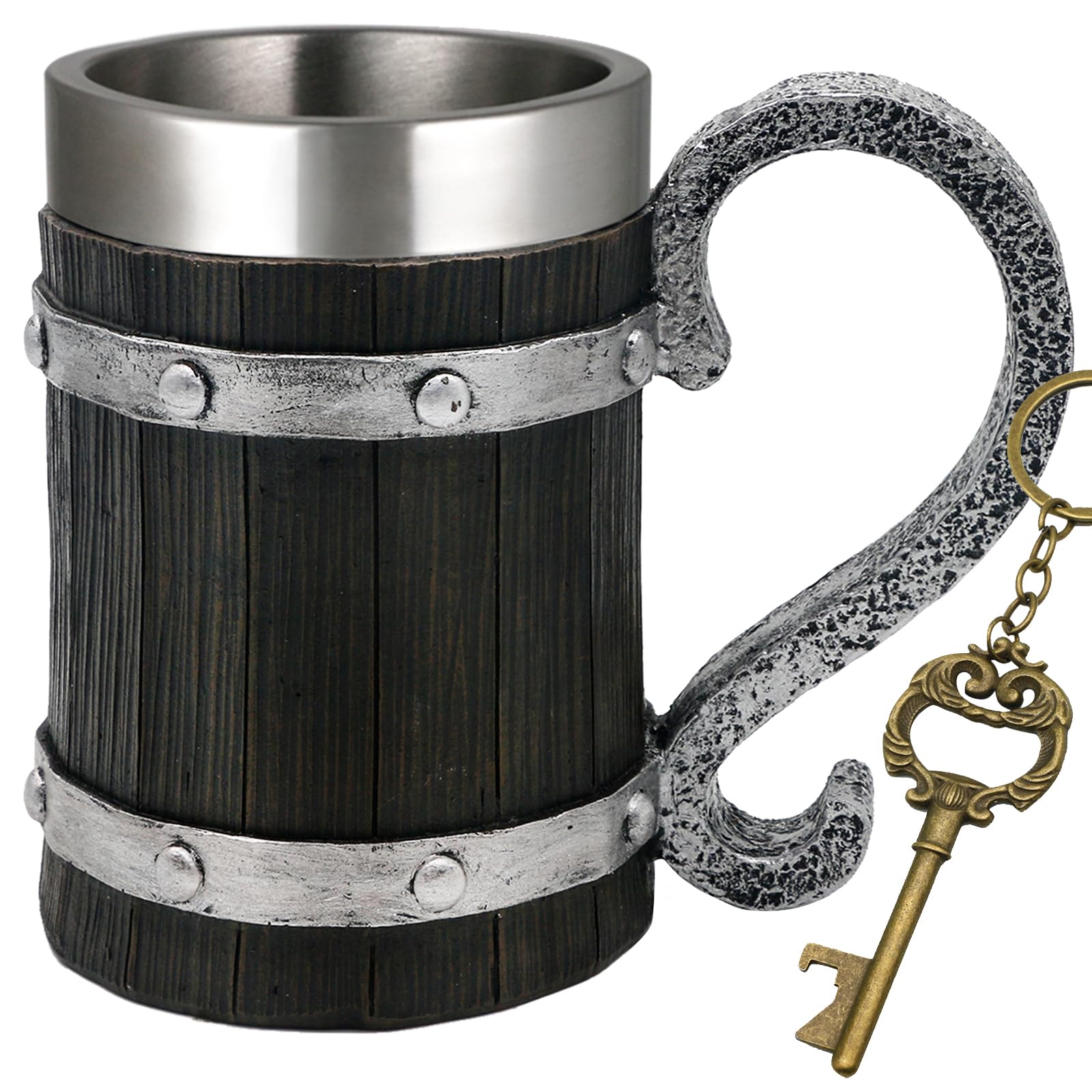 Viking Beer Mug Gifts for Men - 21oz Nordic Wooden Barrel Beer Tankard Cup Viking Norse Decor Stainless Steel Cool Coffee Mug for Men Medieval Beer