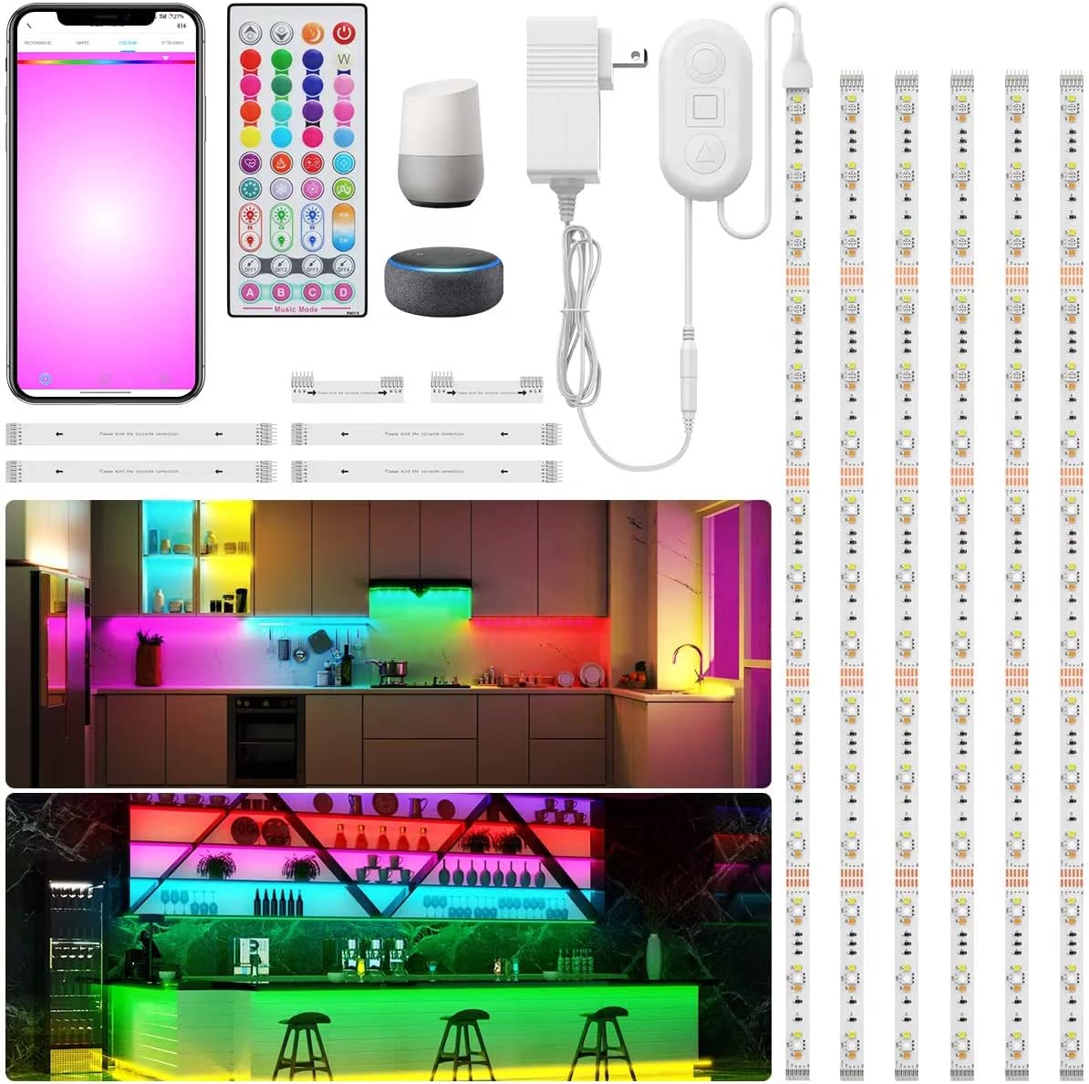 RGBW Under Cabinet Lighting Kit with App and Remote Control 6 PCS LED Strip Lights for Kitchen Cabinet, Counter, TV Shelf, Desk, Music Sync, Color Changing, ETL Listed Power Supply, 9.8ft