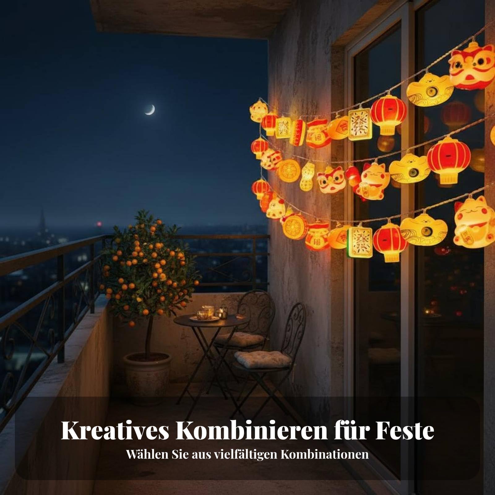 rockible Chinesisches Neujahr Balkon, Jahr der Schlange, Fu-Zeichen, Mix-Design, 10 Meter, B-Modell 6 Elemente Gemischt, USB-Betrieben