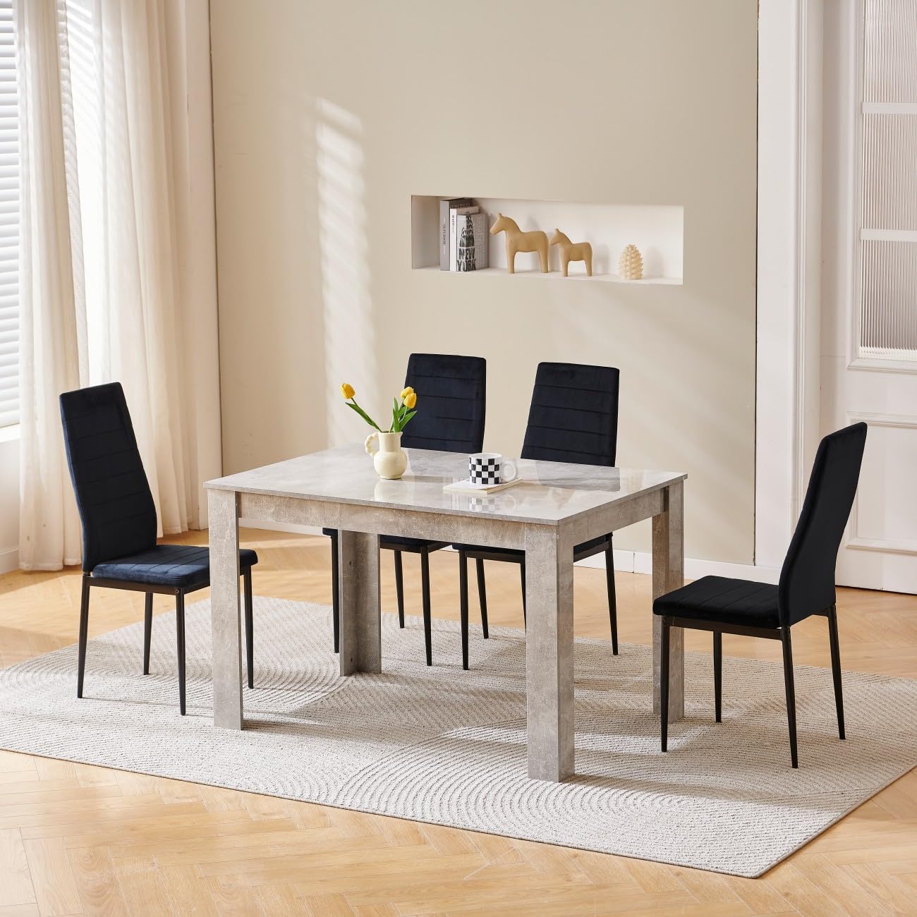 Homullel 120cm Glossing Dining Table and 4 Chairs, 4 Seater Kitchen Table and Chairs Set for Space Saving, Compact Dining Room Set for 4, 120x80 cm, Wooden, Beton Grey (4 Seaters, Flannel Black) — image 1