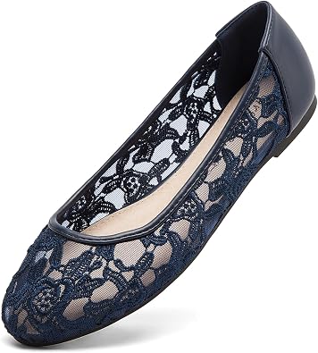 Greatonu Womens Ballet Flats Round Toe Slip on Lace ballerina Flat Comfortable Wedding Casual Dressy Floral Flats Shoes