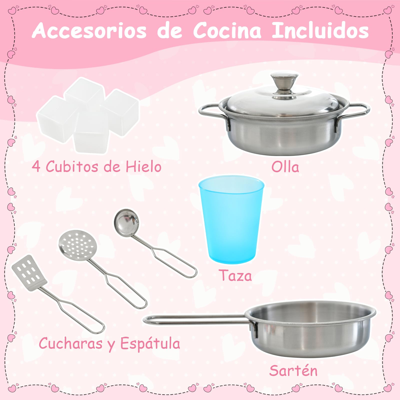 GOPLUS Cocina de Juguete de Madera con Luz y Sonido, Cocinita Infantil con Teléfono, Microondas, Fabricador de Hielo, Lavavajillas, Juguetes de Cocina para Niños de 3+ Años (Rosa)
