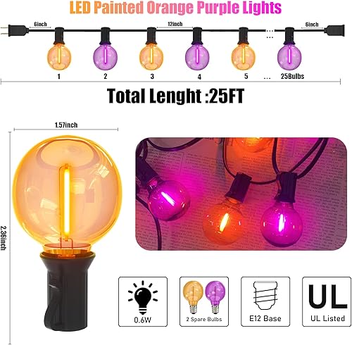 Miniatura 2 de Luces de Navidad moradas y naranjas, 25 pies, 27 unidades, luces LED G40 de Navidad, luces de decoración de interiores para patio al aire libre,
