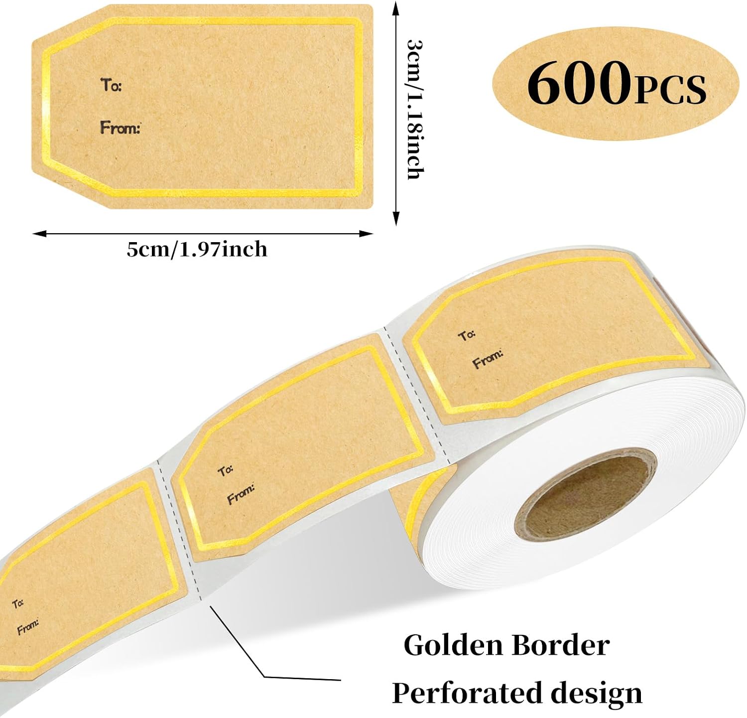 600PCS Gift Tag Stickers, 1.18" x 2" Gold Border Christmas Gift Tags Stickers, Brown Kraft to and from Gifts Labels Self Adhesive Christmas Labels Holiday Present Label, Perforated line Design image 2
