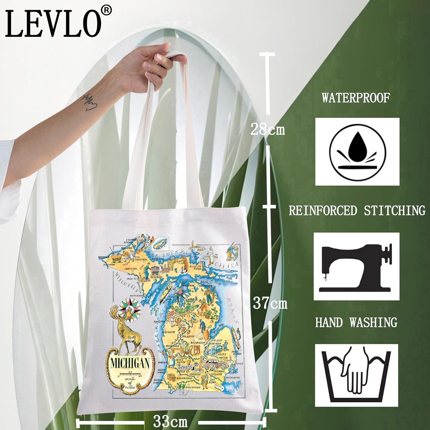 LEVLO Fun State Map Tote Bag - Michigan Travel Souvenir Gift - 1940's Michigan Cartoon Illustration Shoulder Bag - Image 4