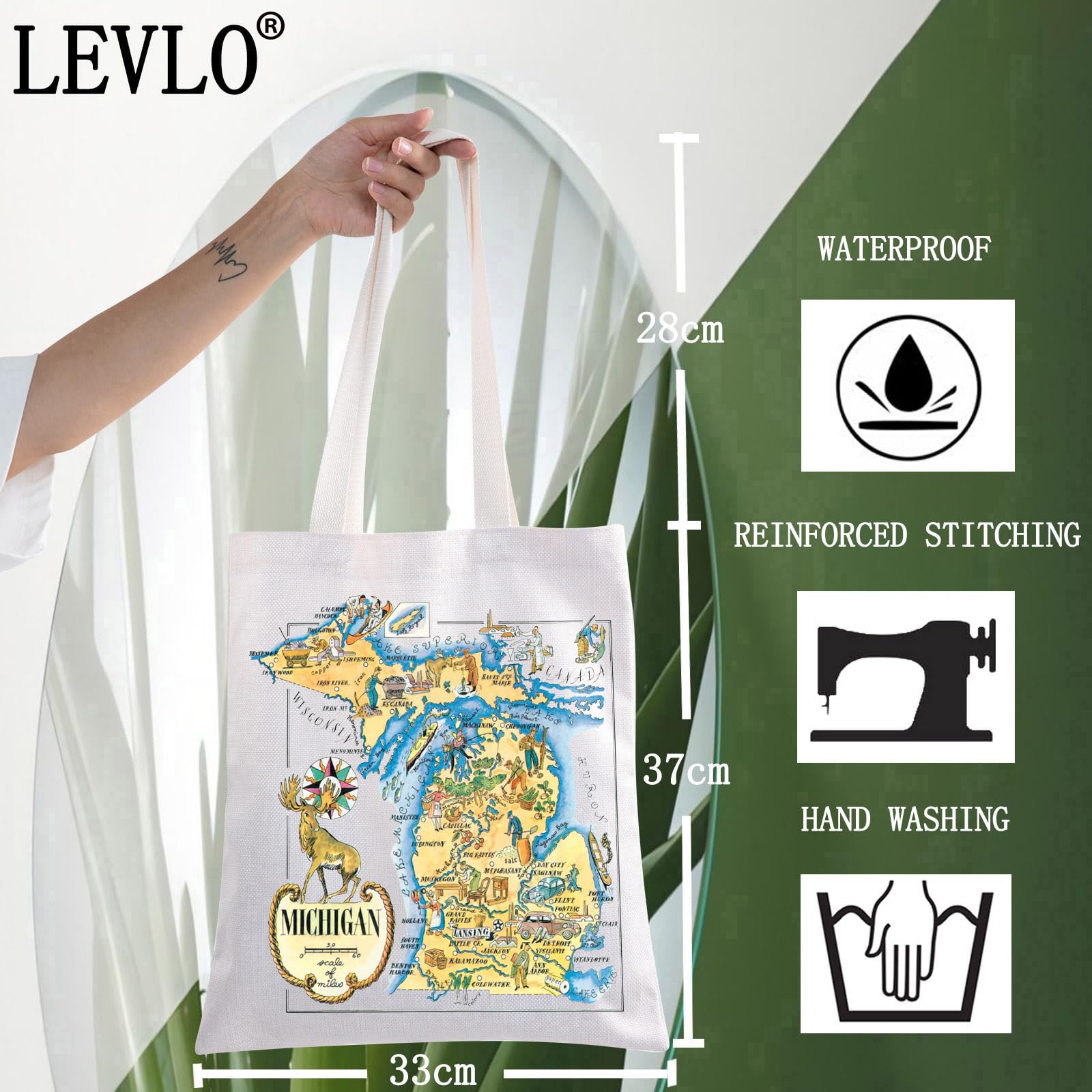 LEVLO Fun State Map Tote Bag - Michigan Travel Souvenir Gift - 1940's Michigan Cartoon Illustration Shoulder Bag