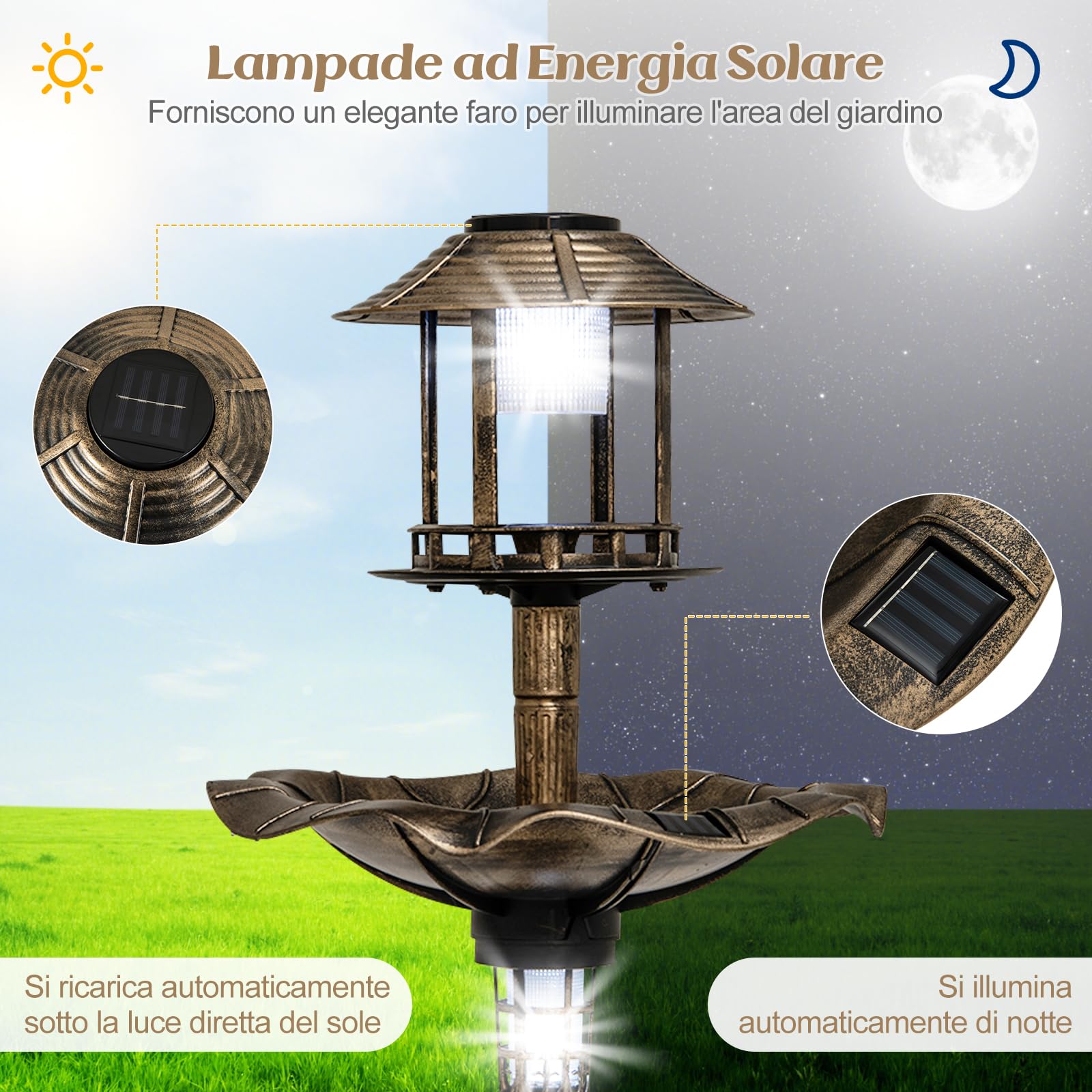GYMAX Mangiatoia Fontana Solare per Uccelli, Vasca per Uccelli da Giardino con Lampade Solari, Fioriera, Supporto Riempibile, 3 Chiodi, Decorazione Luminosa all'Aperto, Giardino, Cortile (Bronzo)