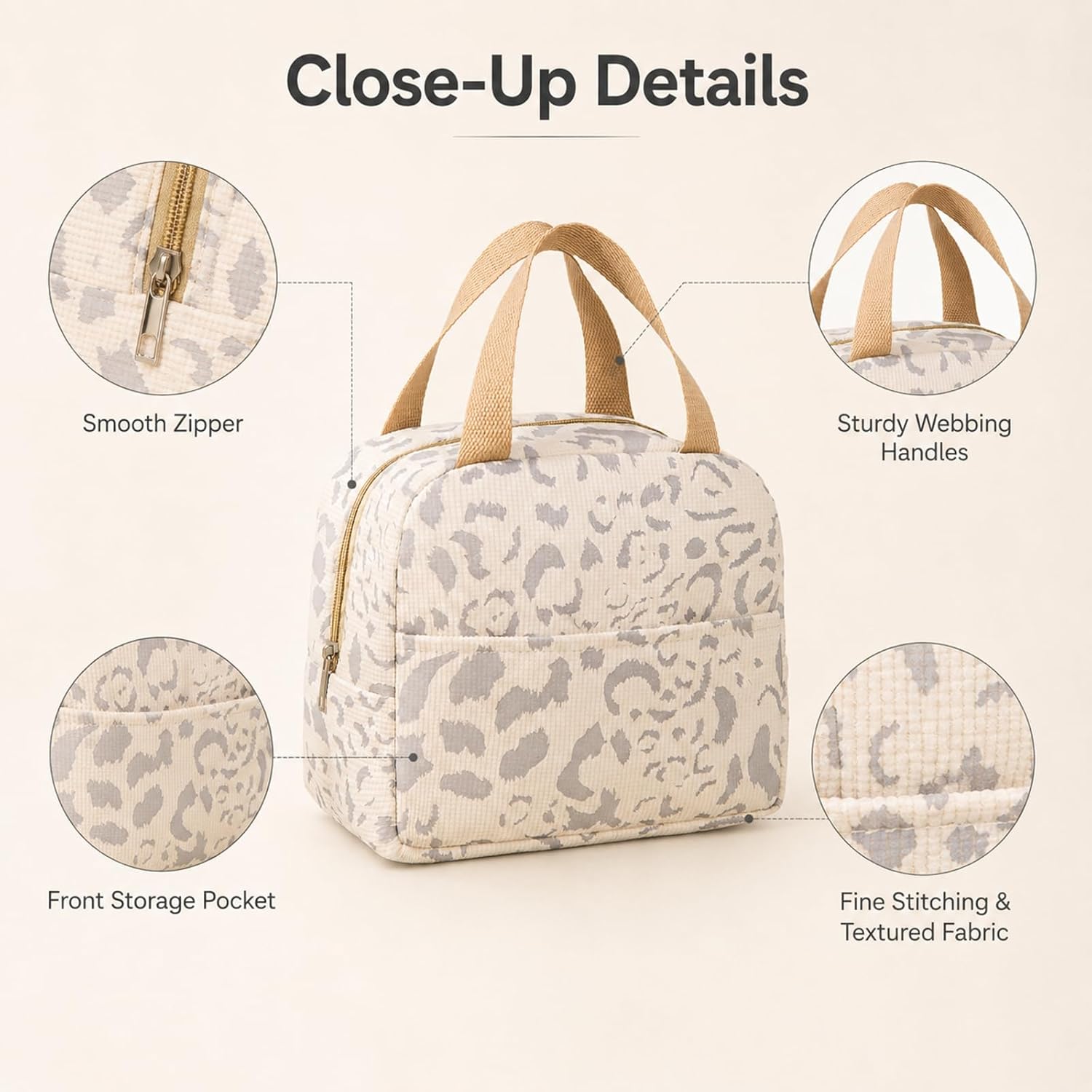 Beige Insulated Lunch Bag For Women, Small Lunch Box Tote