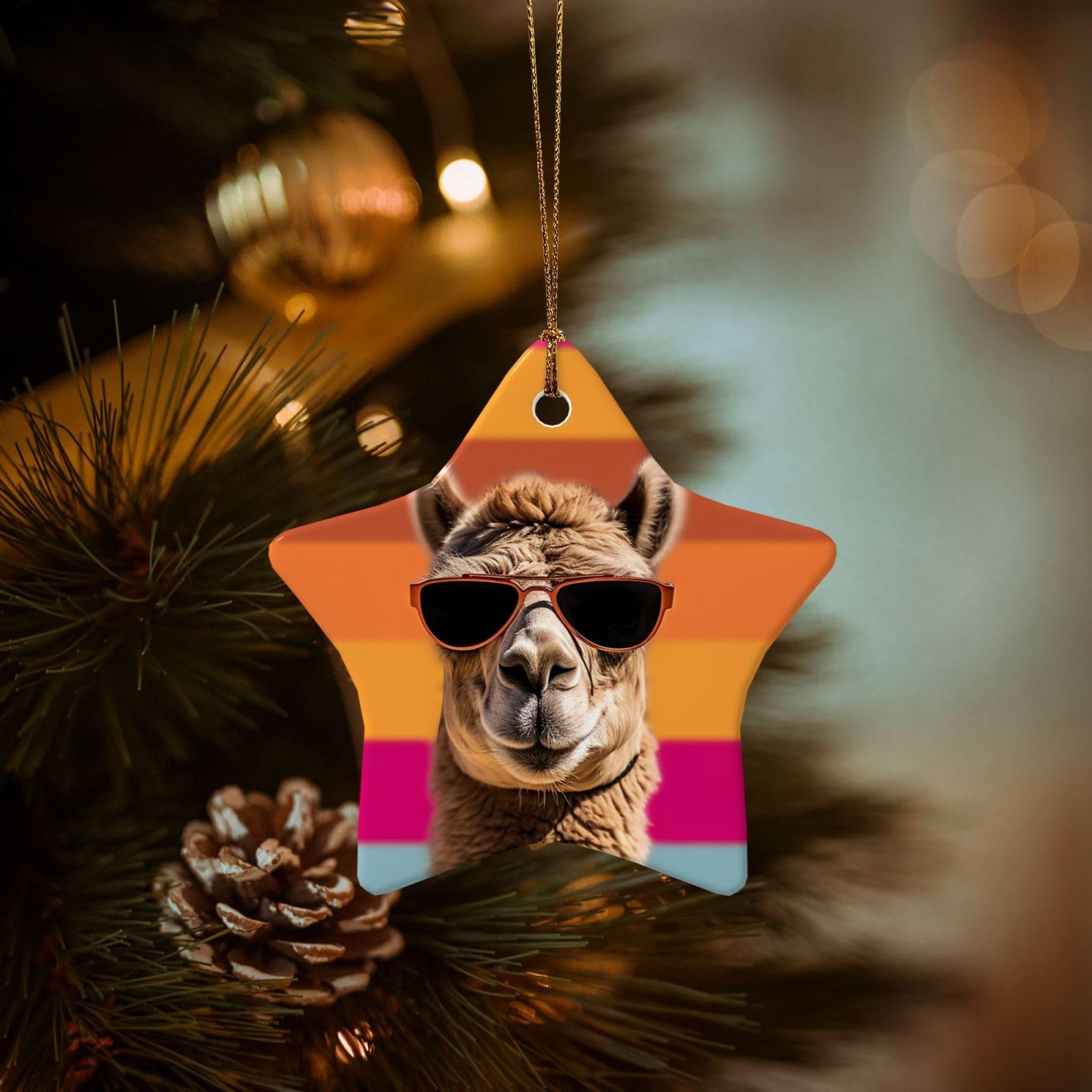 Christmas Tree Ornaments Ceramics Christmas Decorations Camel Wearing Sunglasses Ornaments with Gold Ribbon Porcelain Xmas Tree Crafts Star Shape Hanging Pendant for Christmas Tree Party Decor