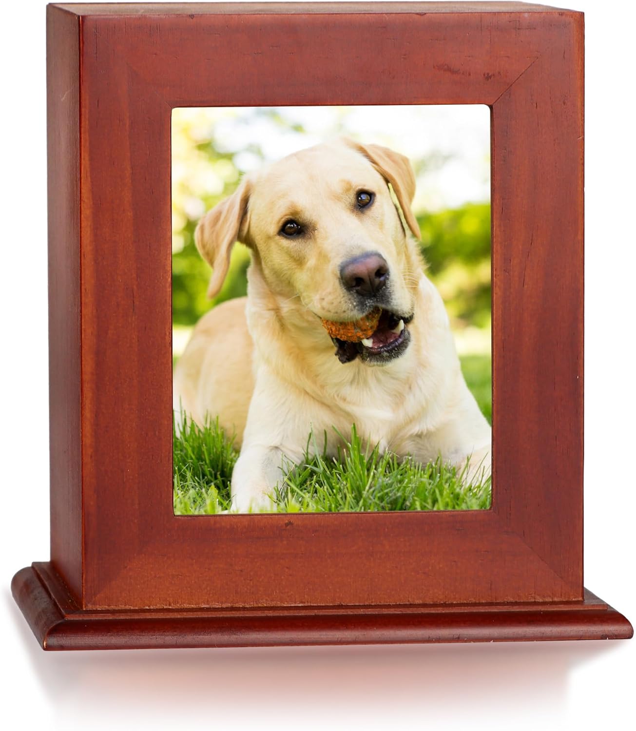 Pet Urn for Ashes with Photo Frame, Brown Wooden Dog Memorial Box with Velvet Storage Bag and Photo Frame (50lbs)