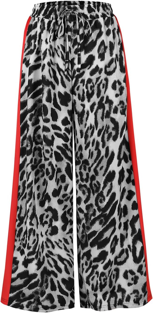 Women's Casual Pants Drawstring Leopard Print Color Block Side Striped Straight Leg Wide Leg Loose Pants thumbnail