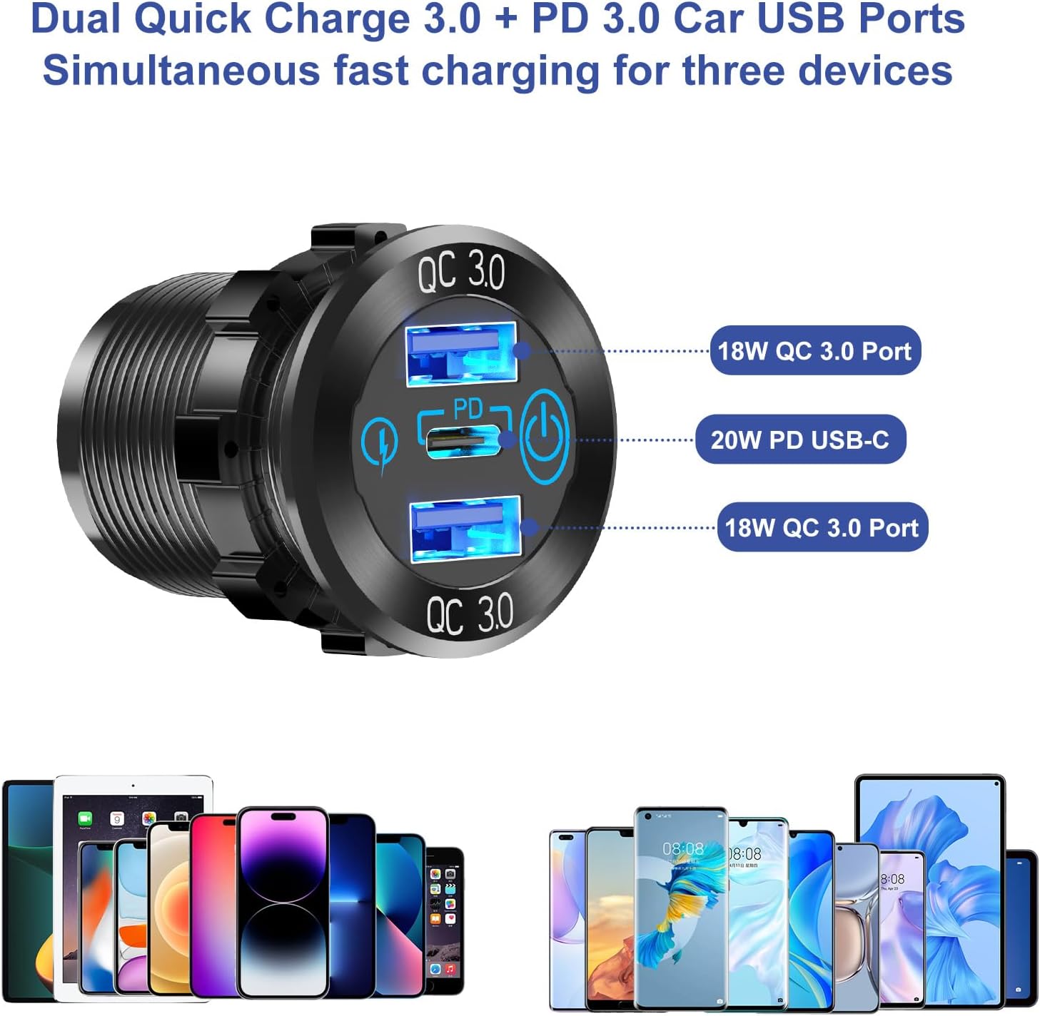 Close-up of the Hapytrip USB charger with PD3.0 and Dual QC3.0 ports, indicating simultaneous fast charging for three devices.
