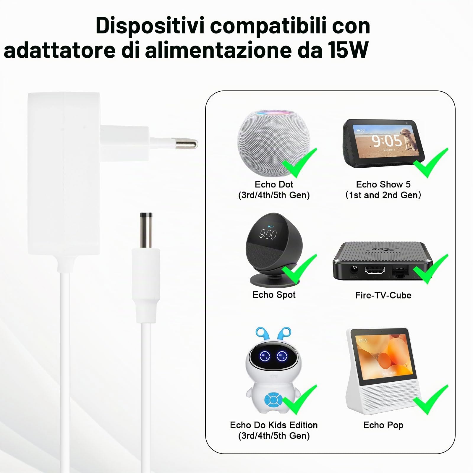 15W Alimentatore per Echo Dot Binghe 12V 1.25A Alimentatore, 15W Cavo di alimentazione per Echo Dot 3a, 4a e 5a Gen, Echo Show 5 1a e 2a Gen, Echo Spot, Echo Pop, Echo Plus, bianco