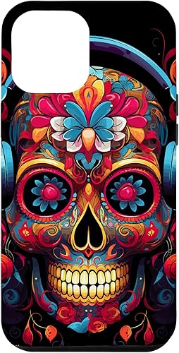iPhone 13 Pro Max Calavera Calavera Calavera Sugar Skull con auriculares - Funda temática musical