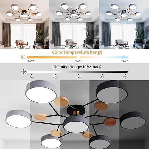 Vista 180 de Lámpara LED de techo, 34 pulgadas, 7 luces, moderna lámpara de techo empotrada de madera de 56 W, lámpara regulable para sala de estar, dormitorio