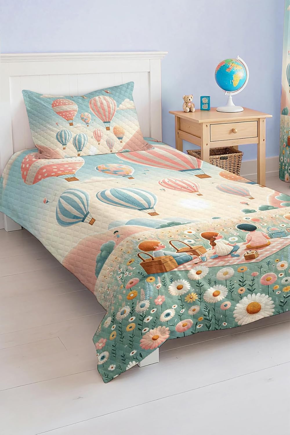 SODEF Single Size Quilt Set Air Balloons Print Kids and Teens Room Bedding Coverlet Lightweight Breathable Cotton Polyester Blend 2 Piece - Blue, One Size