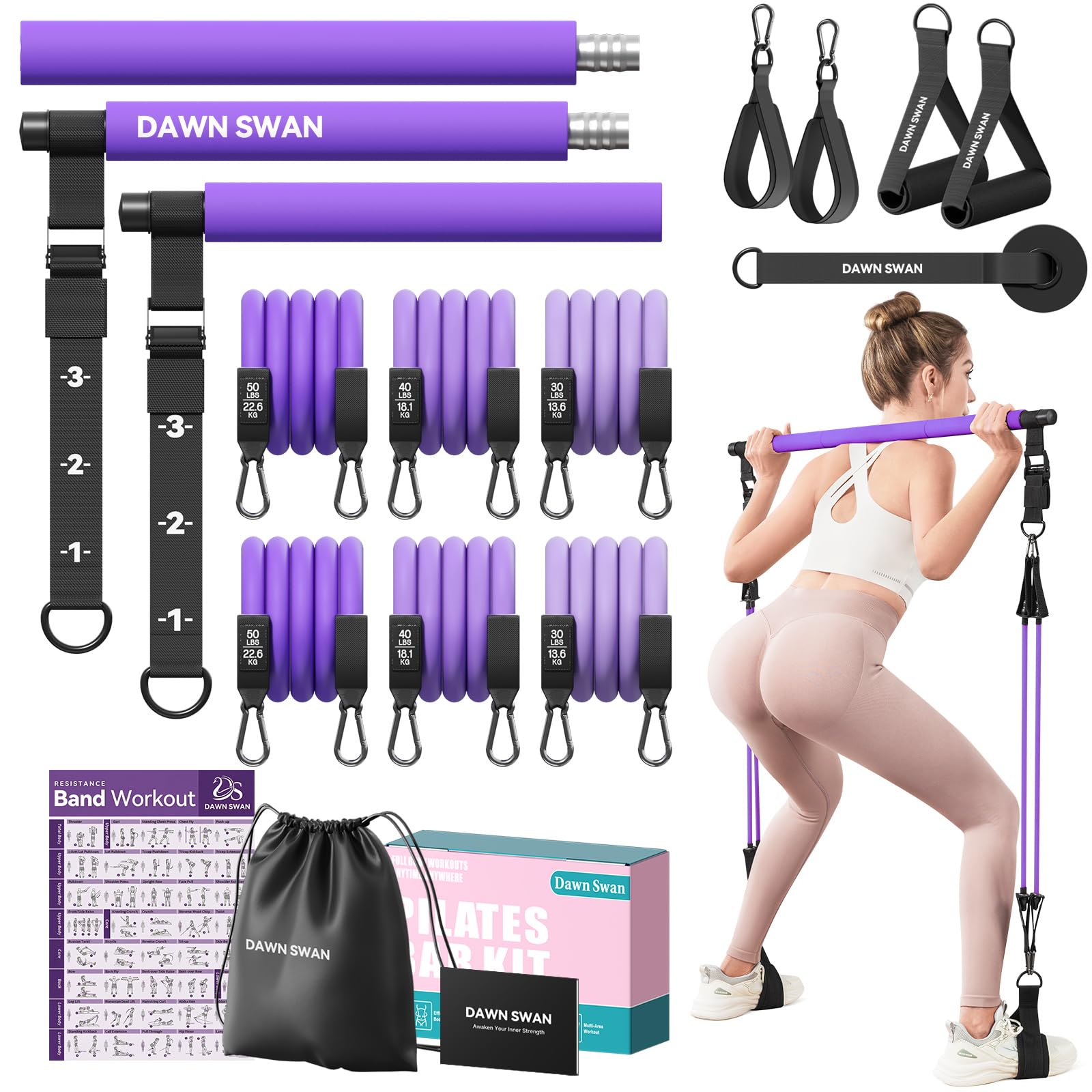 [DAWN SWAN] Pilates Bar Kit with Resistance Bands – Adjustable Home Gym Workout Equipment for Women & Men – Portable Pilates Equipment for Squats, Yoga & Full Body Toning (Purpel)