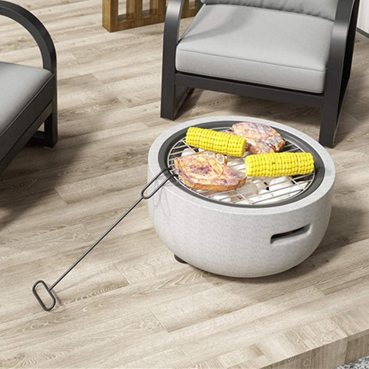 Garden Fire Pit Grill Bowl Grill Barbecue Rack Fire Pit with BBQ Grill Shelf Garden Patio Heater Charcoal Log Wood Burner Fire Bowl with an Edging Artificial Stone Outdoor Fire Pit Bowl