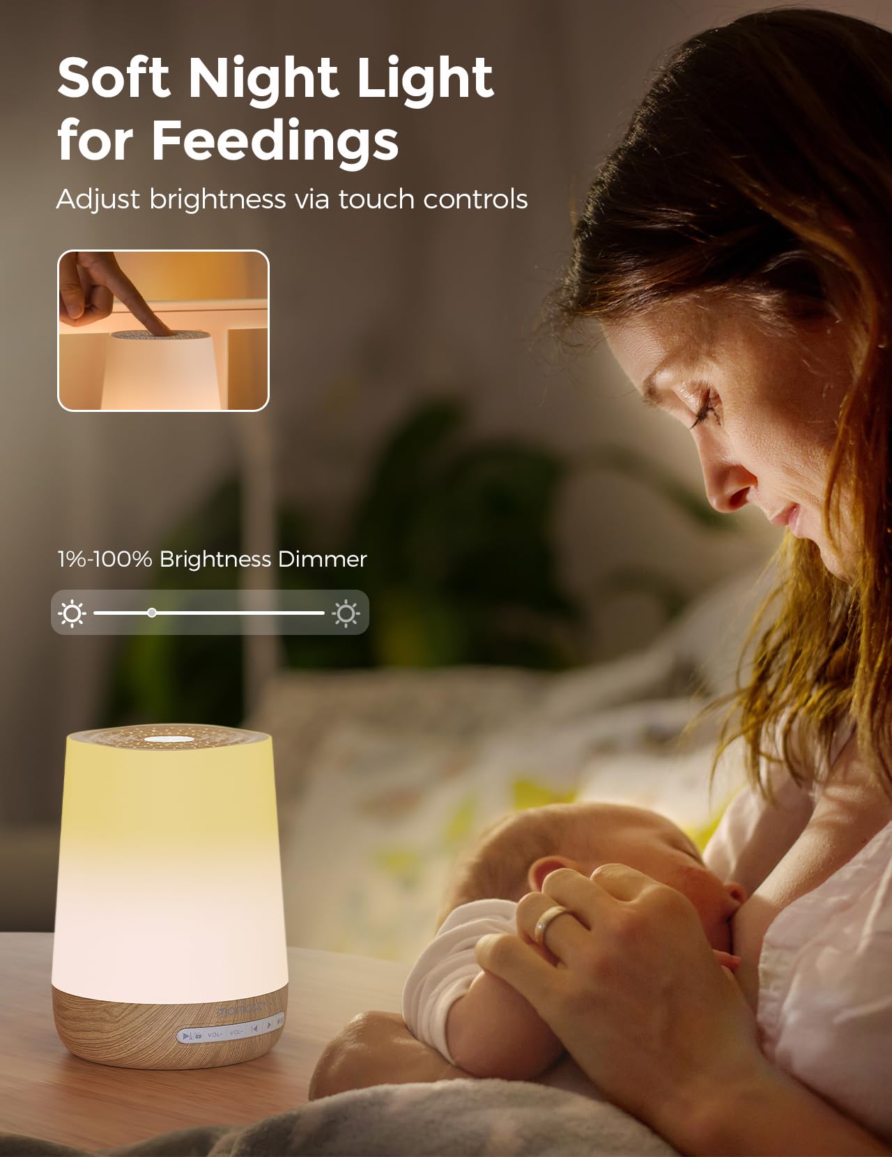 Momcozy Baby White Noise Sound Machine, App Control Sleep Soother | 34 spokojne audio, 7-kolorowa lampa, timer, niestandardowa rutyna na dobranoc, trener malucha i gra dotykowa, słoje drewna