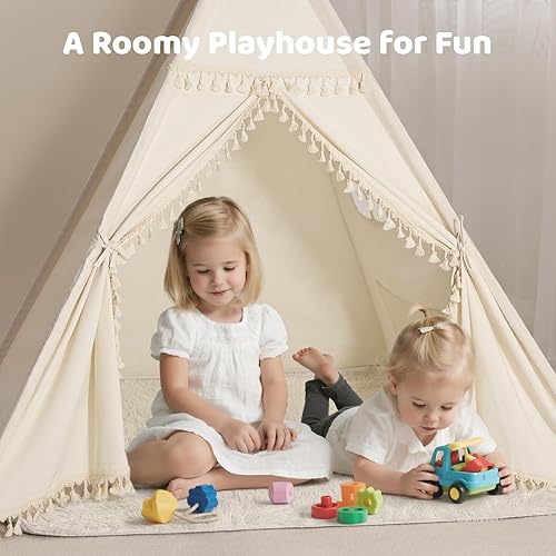 Vista 5 de Sumbababy Tienda de campaña tipi para niños, casa de juegos de lona natural con flecos, tela lavable, tienda de campaña Tipi, incluye bolsa