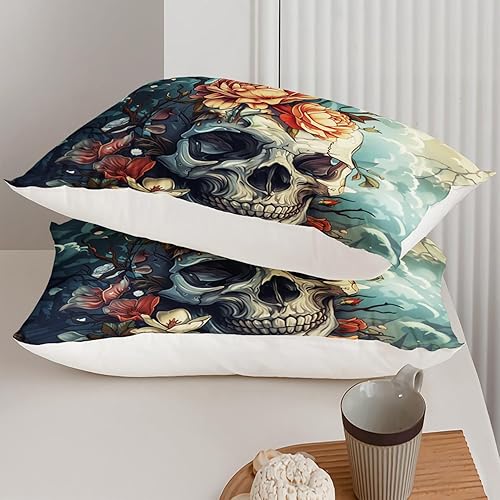 Miniatura 89 de AILONEN Juego de funda de edredón de calavera de azúcar, tamaño Queen, juego de funda de edredón de calavera de rosa roja, juego de ropa de cama