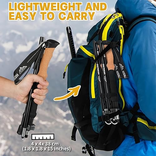 Miniatura 2 de Juego de 2 bastones de senderismo plegables de aluminio con mango de corcho con sistema de bloqueo rápido, telescópicos, plegables, ultraligeros