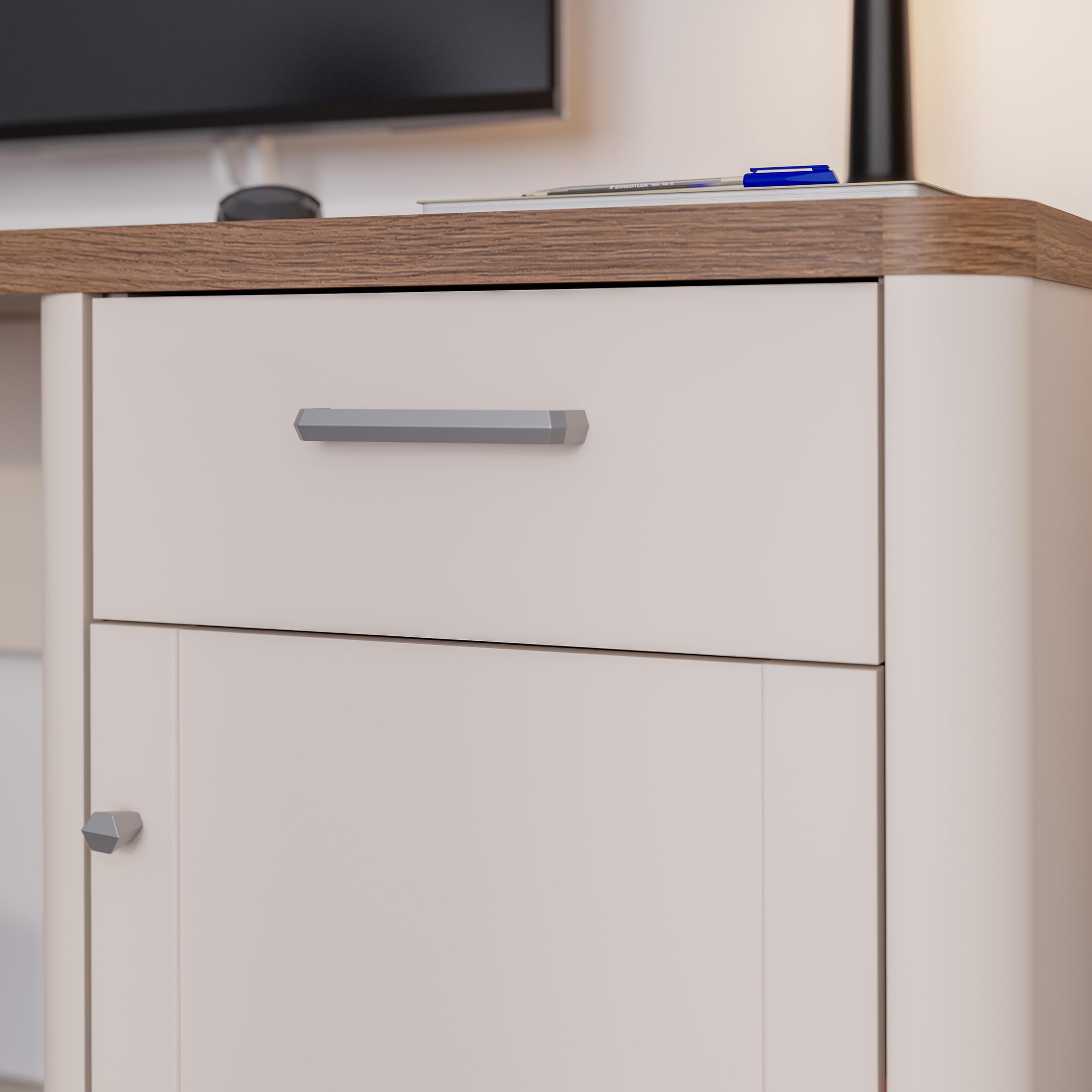 Forte LACETTI Schreibtisch 120, eleganter Schreibtisch mit hohen Möbelbeinen, Büro, Jugendzimmer, Holzwerkstoff, Kaschmir-Beige-Valencia Eiche Holzdekor, 120 cm breit x 75,8 cm hoch x 60 cm tief