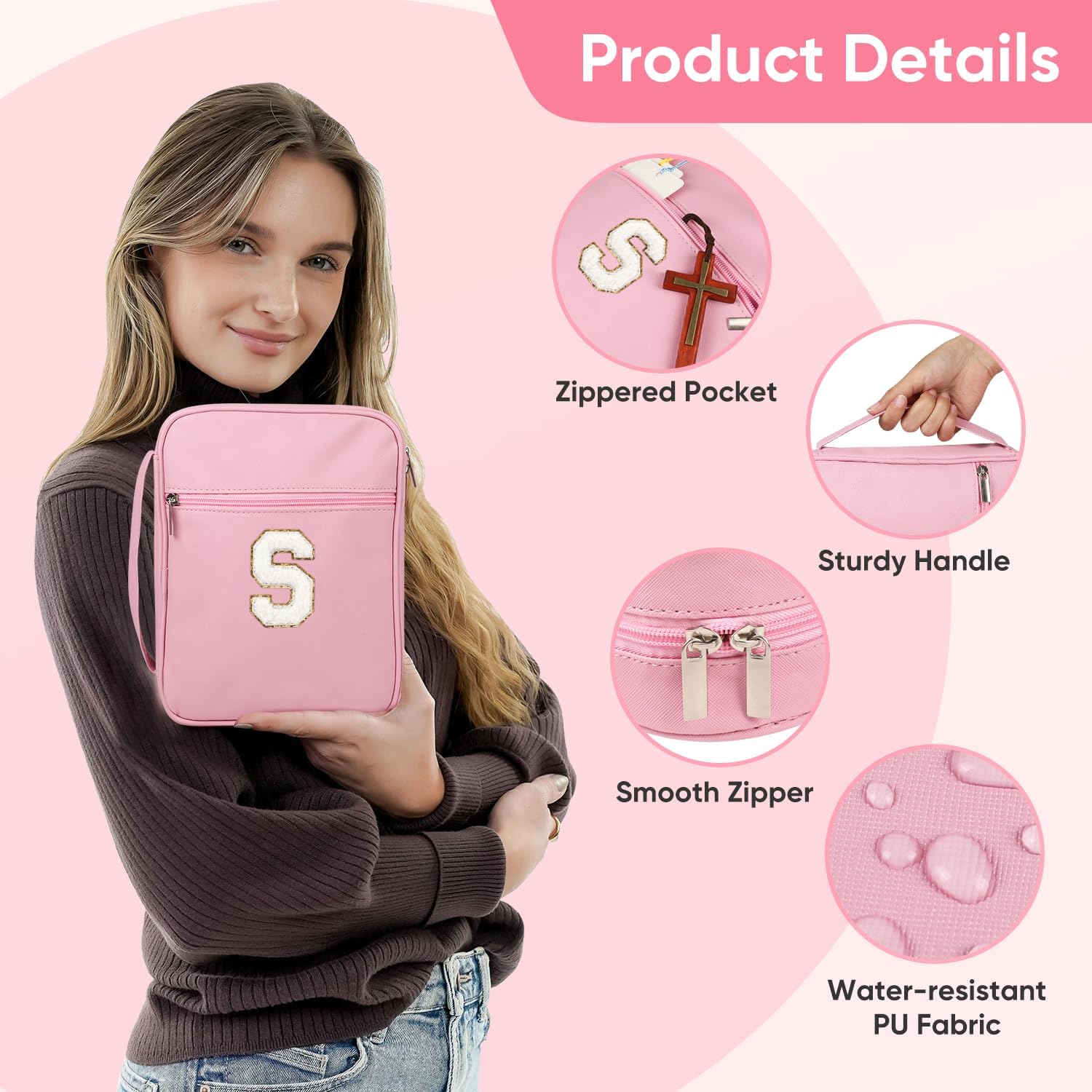 Bible Covers for Girls, Fruobeyla Pink Bible Cases for Woman PU Leather Bibles Carrying Case for Women, Large Bibles Tote Bags with Handle and Zippered Pocket for Kids, Pink (Letter S) image 3