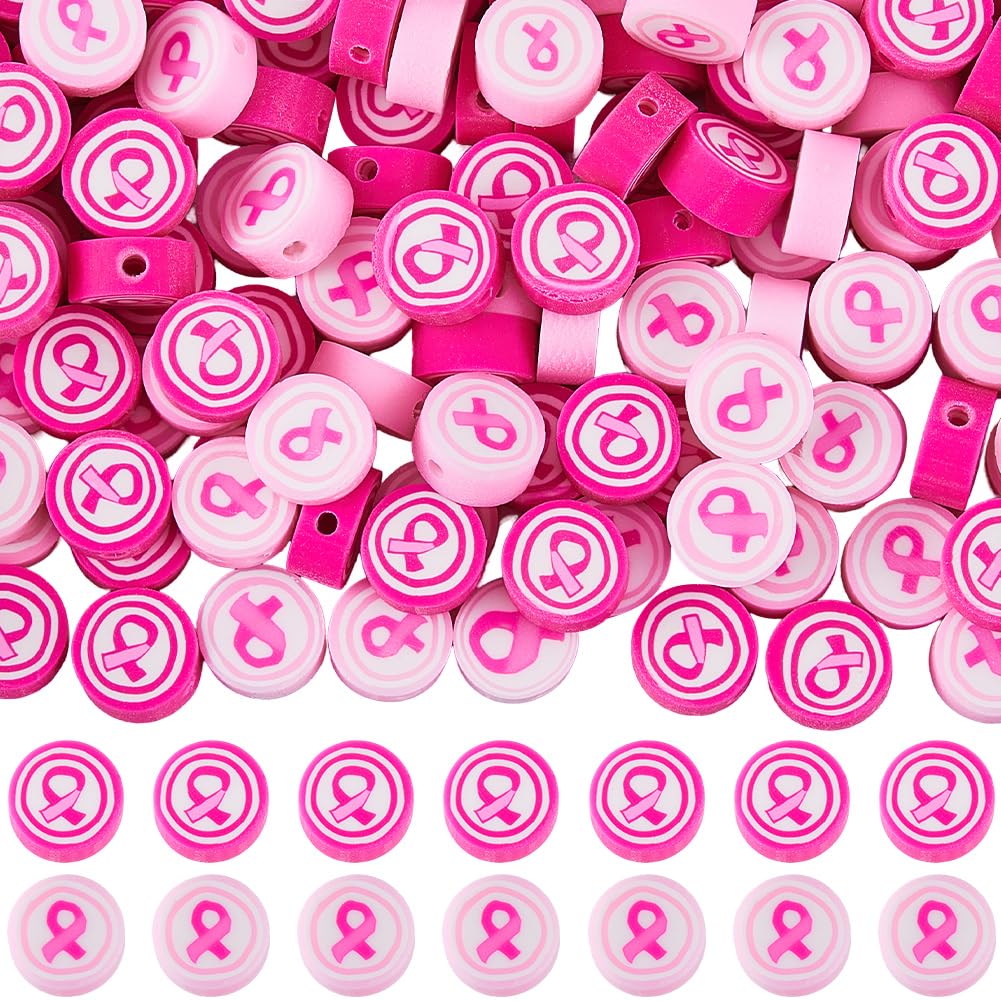 SUNNYCLUE 1 Box 200Pcs Pink Ribbon Beads Flat Round Polymer Clay Beads Bulk Soft Women Breast Cancer Awareness Hope Handmade Loose Spacers for Jewellery Making Bracelet Keychain DIY Crafts Accessories