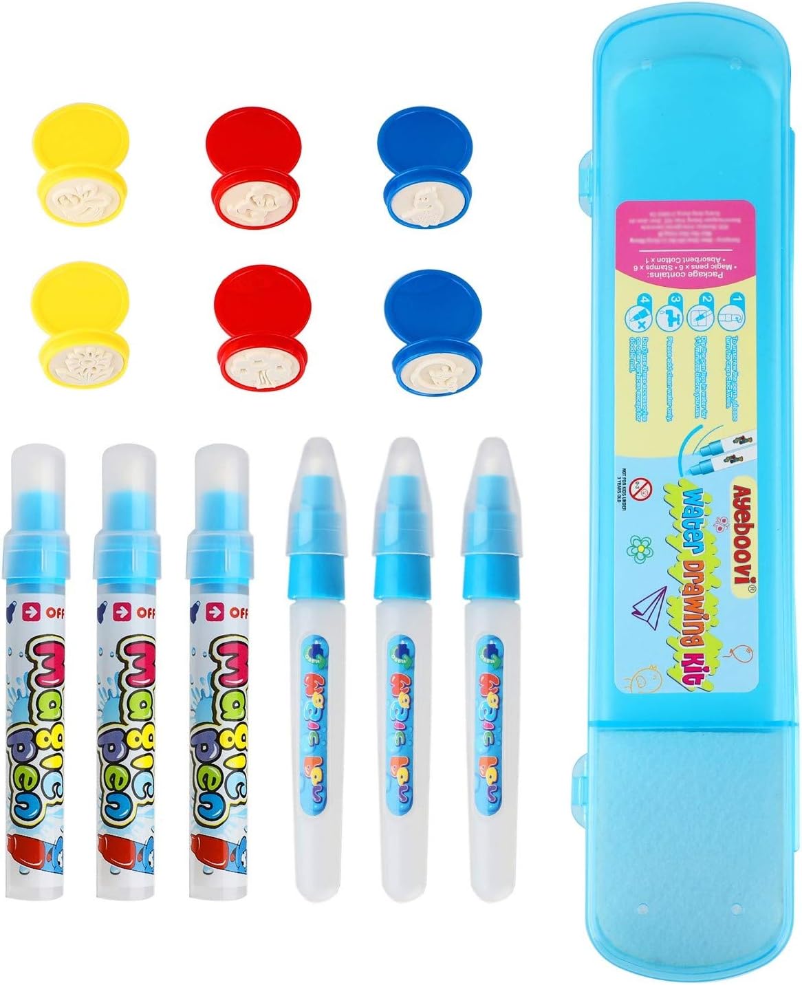 Ayeboovi Water Doodle Pens Water Mat Pens for Water Drawing Mat in 6 Pieces with 6 Stamps and 1 Storage Case Children's Day Gift