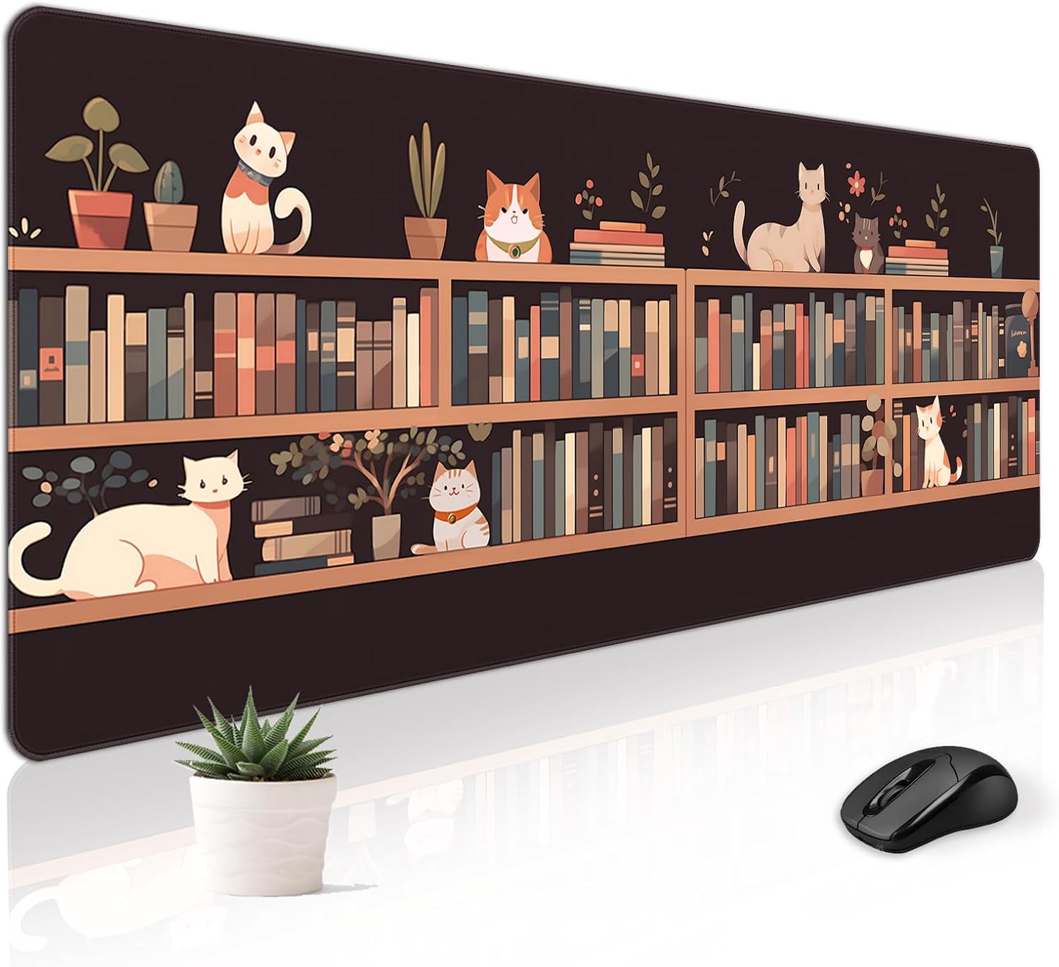 Cute Desk Mat for Keyboard Desktop Extra Large Mouse Pad, Cat Book