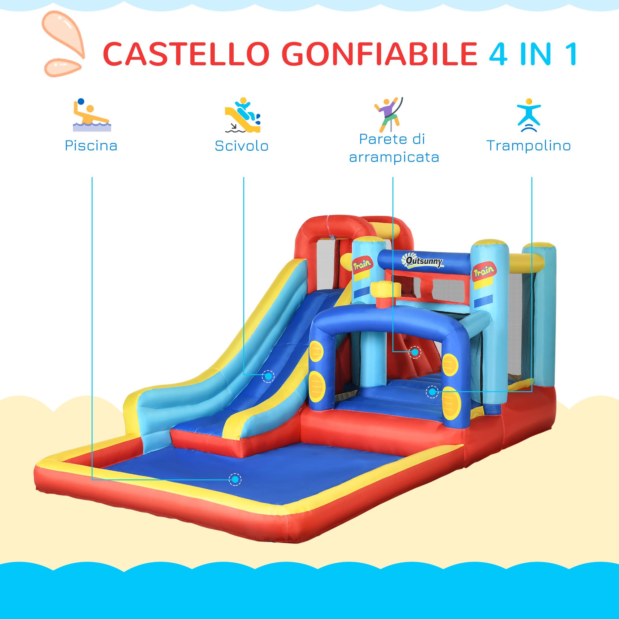 Outsunny Castello Gonfiabile 4 in 1 per Bambini 3-8 Anni, 435x245x200cm