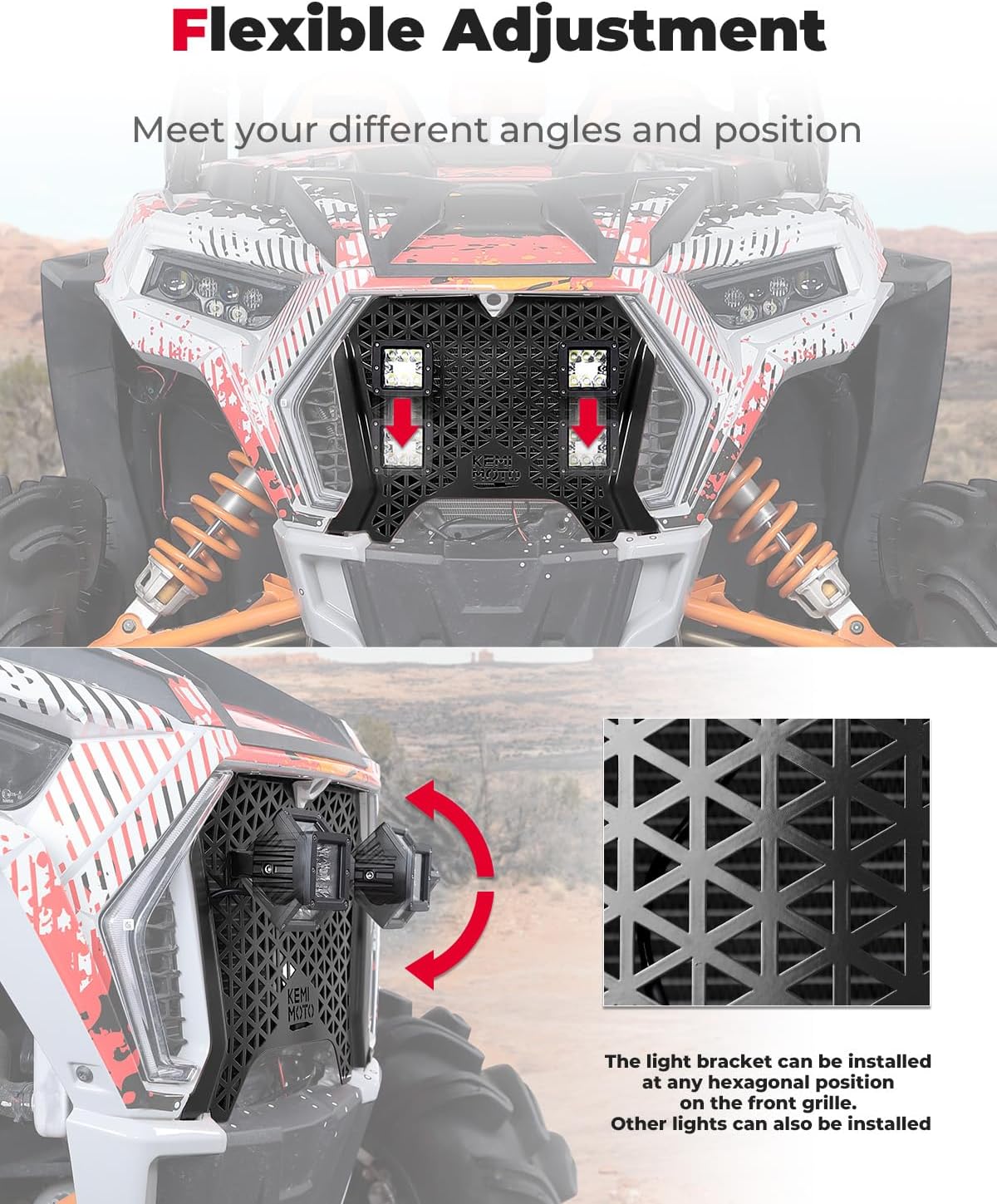 KEMIMOTO UTV Metal Front Grill Light Compatible with 2019-2023 Polaris RZR XP/XP4 1000/1000 S/Turbo/Turbo S, Black Mesh Grille with Waterproof LED Light Bar Accessories Replace 5455433-070