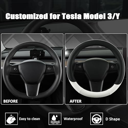 Miniatura 4 de West Llama Funda de cuero de napa para volante de automóvil para Tesla, funda de volante de automóvil de forma redonda para modelos 3 2018-2026,