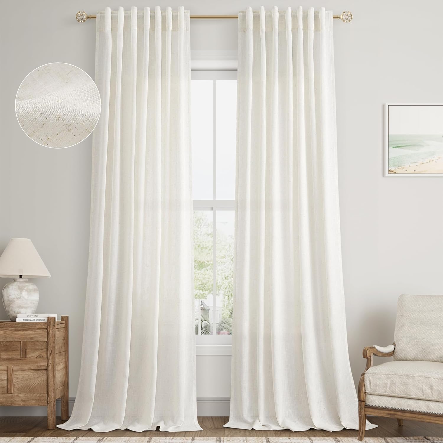 108 Inch Curtains Back Tab Pocket Linen Sheer Curtains Cream Flax Semi Sheer Extra Long Boho Farmhouse Curtain 108 Inches Long for High Living Room Bedroom Dinning Room 2 Panels Set 52x108