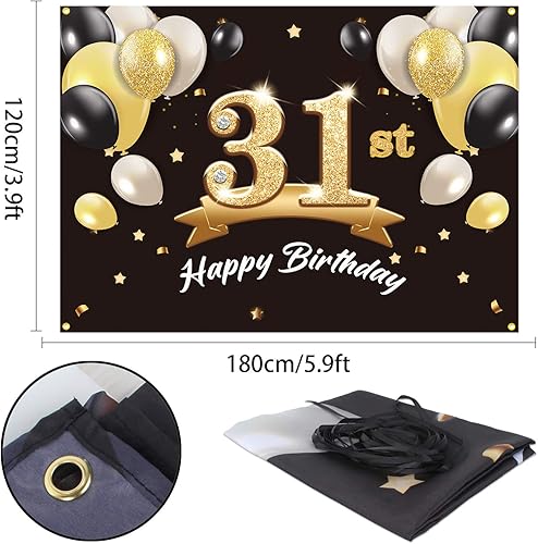 Miniatura 2 de Telón de fondo de pancarta de feliz cumpleaños 31  Suministros de decoración de fiesta de cumpleaños 31 para hombres  Negro dorado 4 x 6 pies