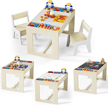 MAMIZO Kindertisch mit 2 Stühlen Kindersitzgruppe mit StauraumKindermöbel Kinderschreibtisch mit wendbarer Tischplatte Kinder Tisch Stuhl Set für Kinderzimmer Kindergarten ab 3 +Holzfarbe mit Weiß