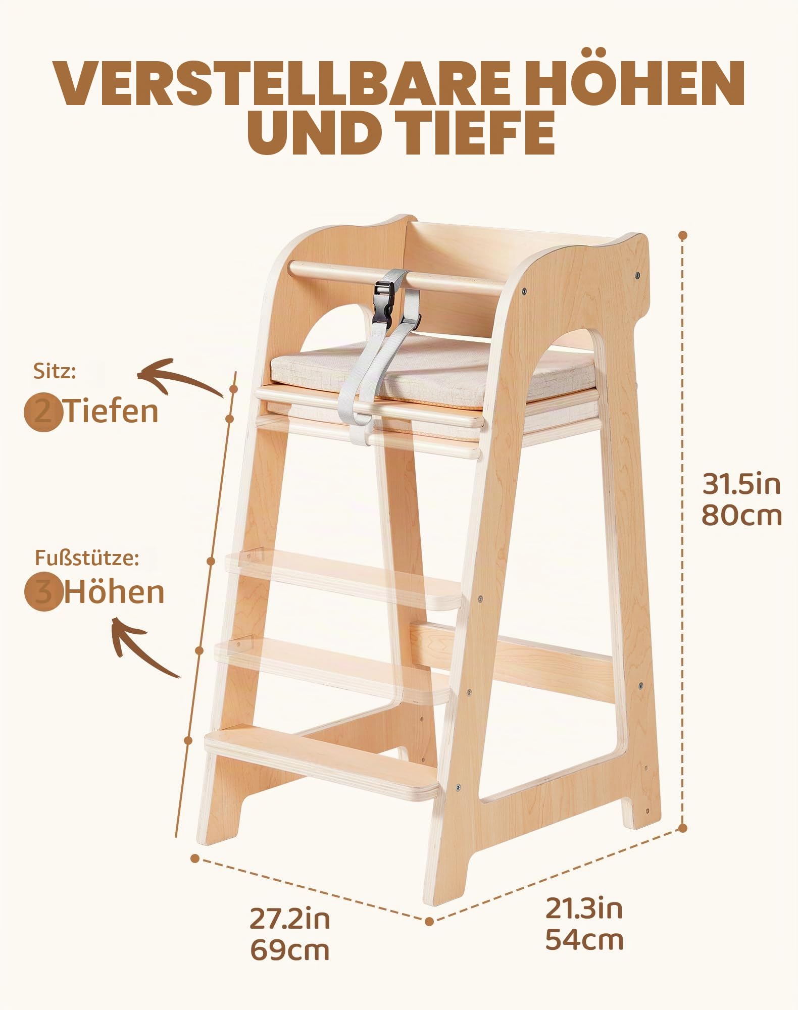 ROBUD Multifunktionaler Holzhochstuhl für Kinder, mit Sicherheitsgurt 6M+