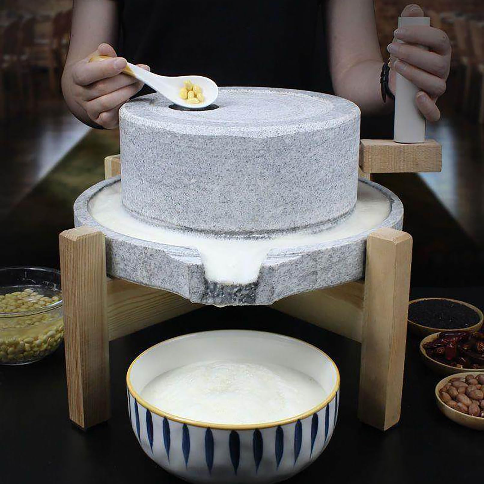 Moulin en pierre de granit naturel – Moulin à café manuel pour grains secs et humides, broyage polyvalent sans chaleur, design rétro, idéal pour le café frais et les épices