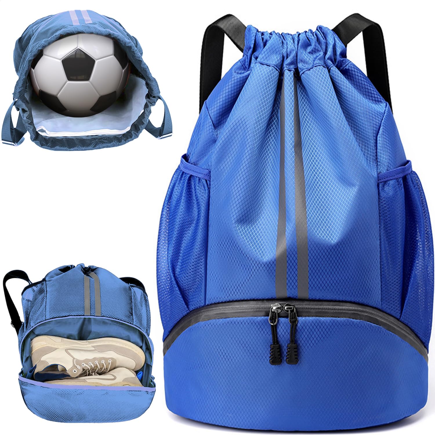Wubayi Unisex Kids Blue Football Boot Bag,Sports Kit Gym Sack Swimming Pe Large Drawstring Bag Unise With Wet And Dry Separation,Waterproof Gym For Kids Adults Men Women Travel,School Sports Beach Holidays (Blue)
