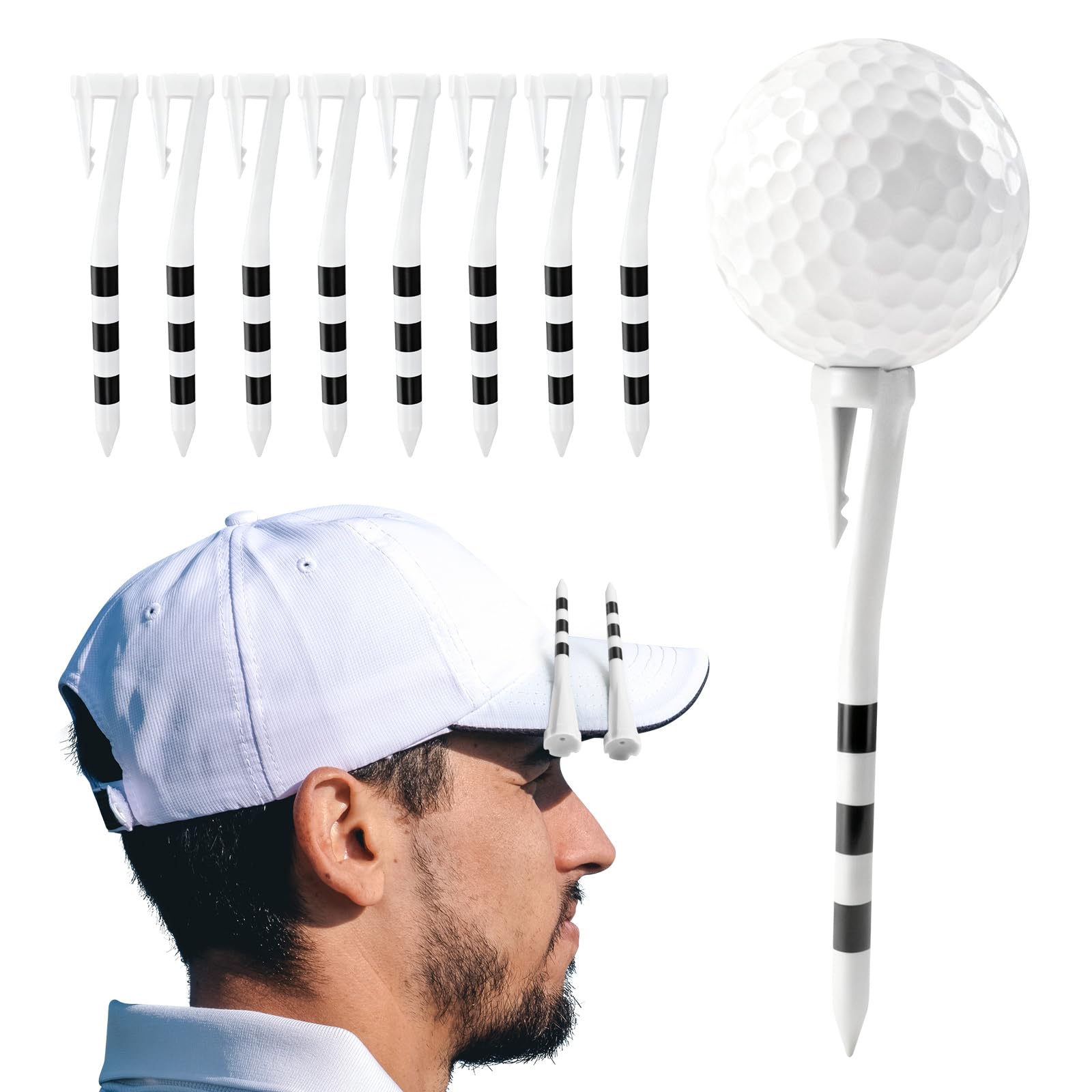 FINGER TEN Plastic Golf Tees With Hook Clip 3 1/4 Inch Value 20/30 Pack, Consistent Height & Durable Dual Function Tees For Golfers, Reusable Golf Accessories Fits Hats Belts (White, 3.25“20 Pack)